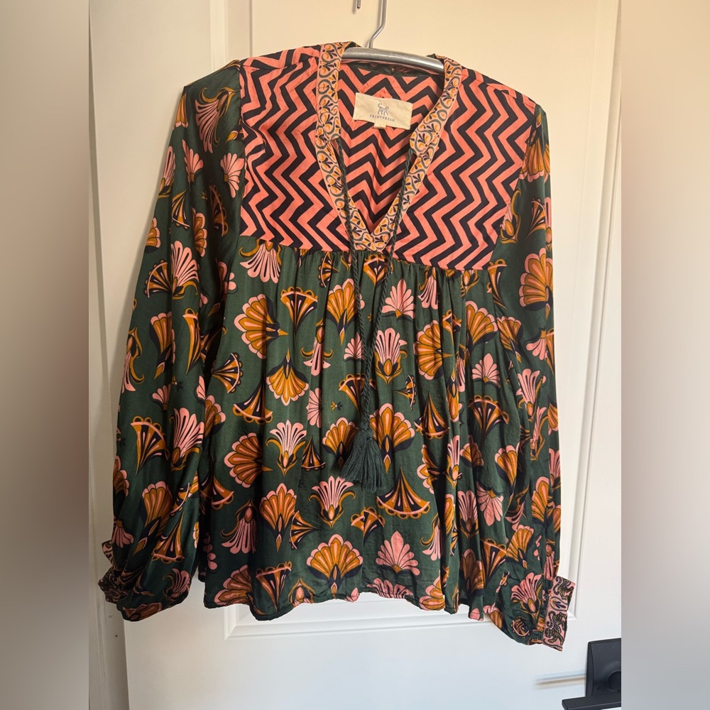 Printfresh Zigzag Floral Blouse - Green, Pink, Orange